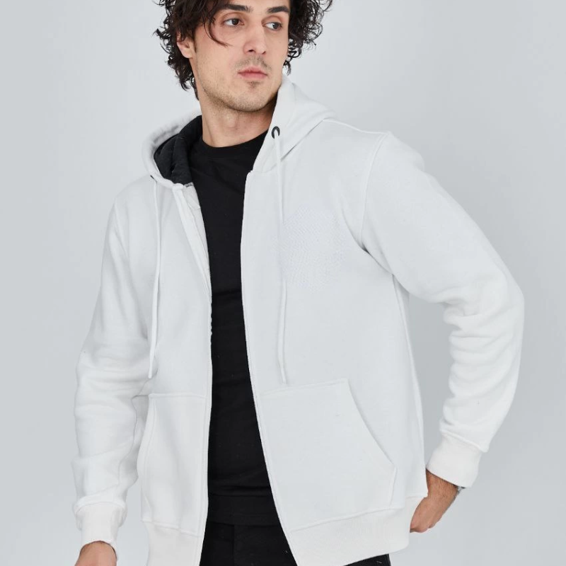 Tam Fermuarlı Kapşonlu  SweatShirt - Beyaz -